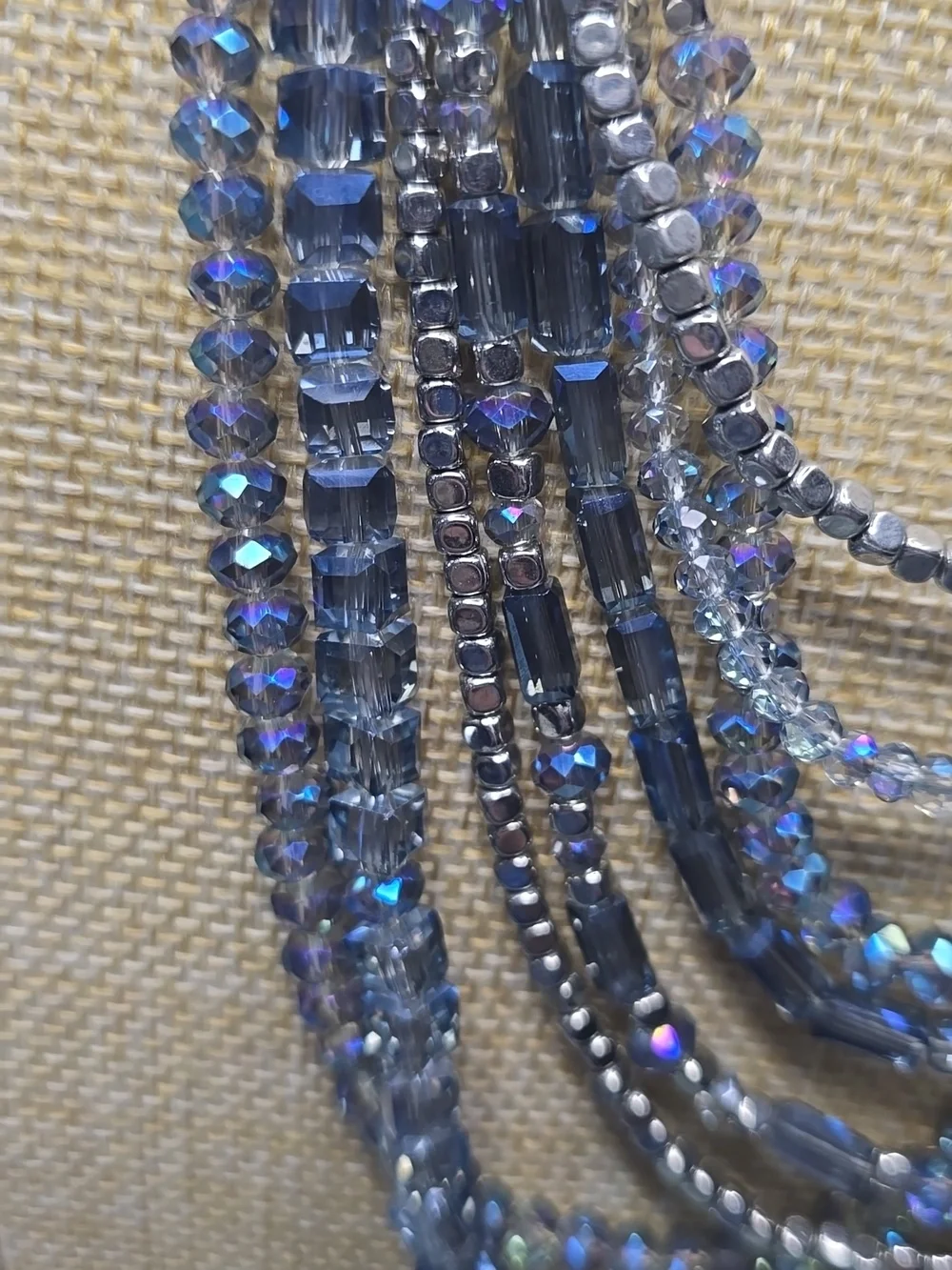 Blue AB Crystals & Silver Tone  Beaded 8 Strand Layered Necklace